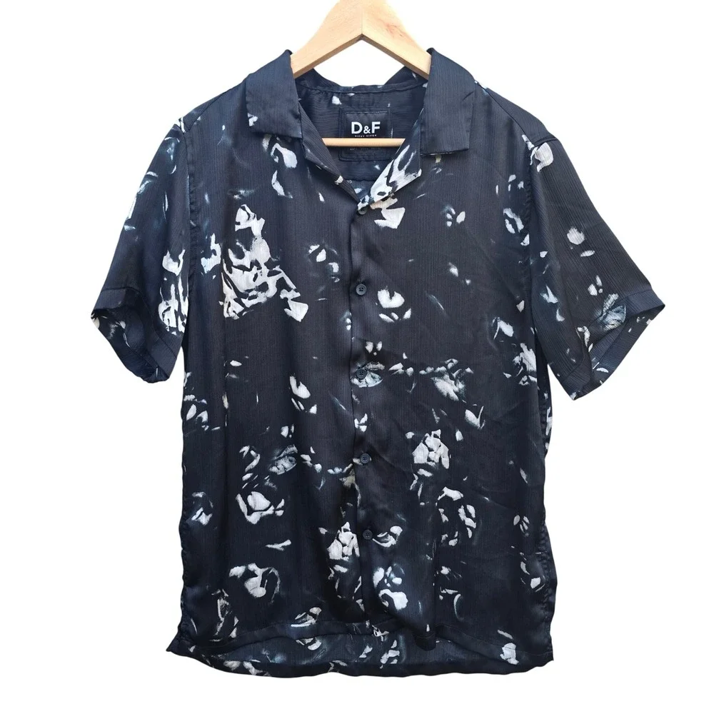 D&F Denim & Flower Mens Black & White Floral Button Down Short Sleeve Shirt L
